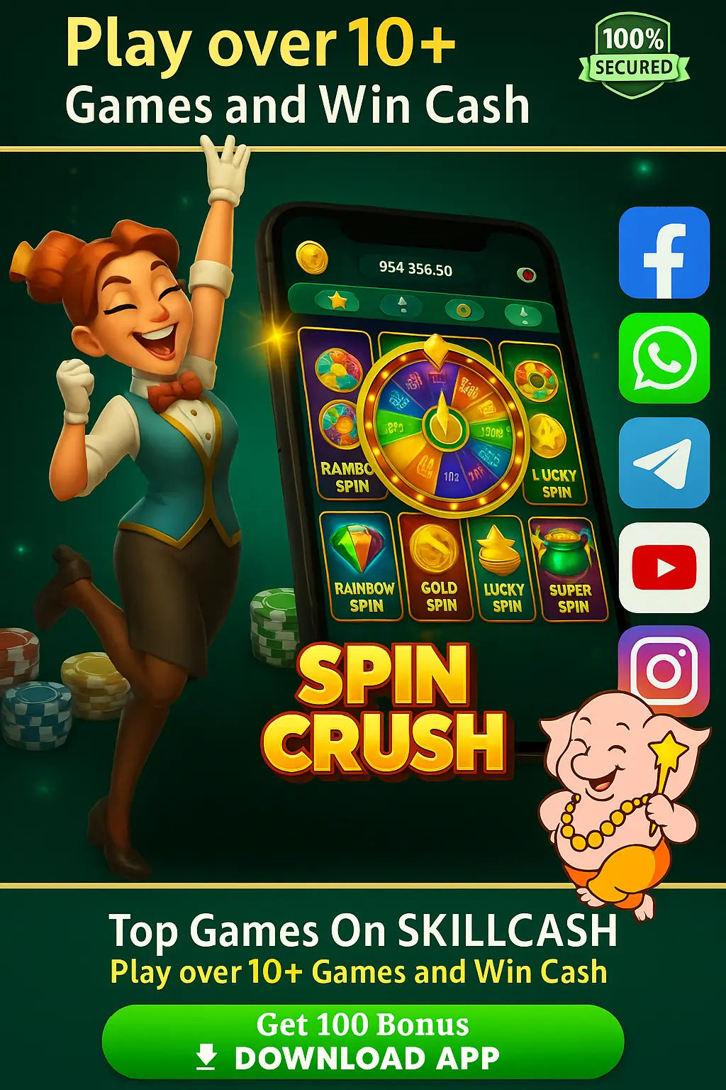 Spin Crush lobby with spin wheel and featured games