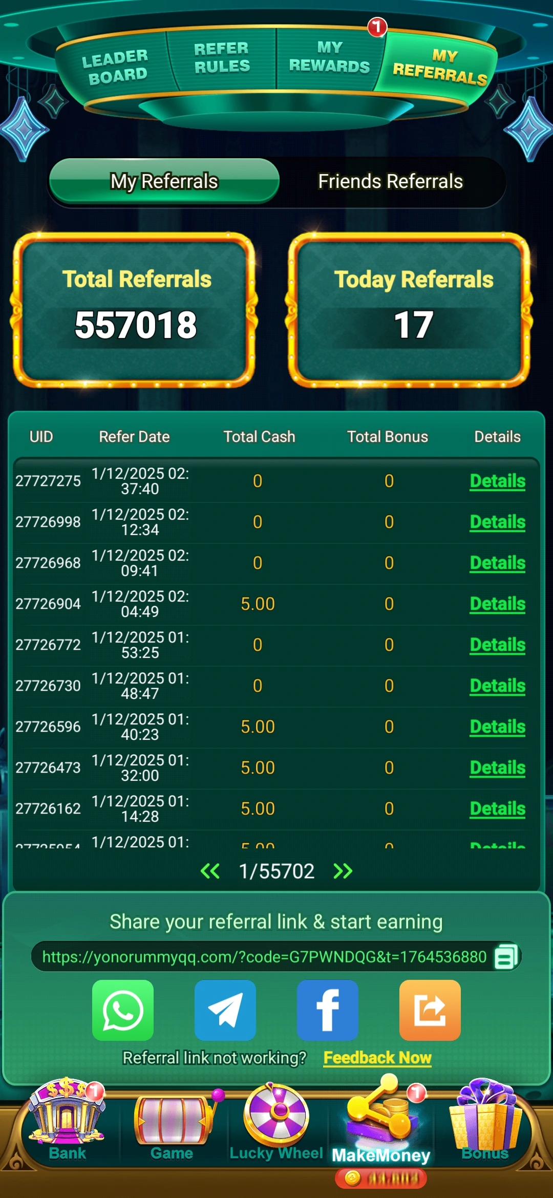 Yono Arcade leaderboard and mini tournament result screen